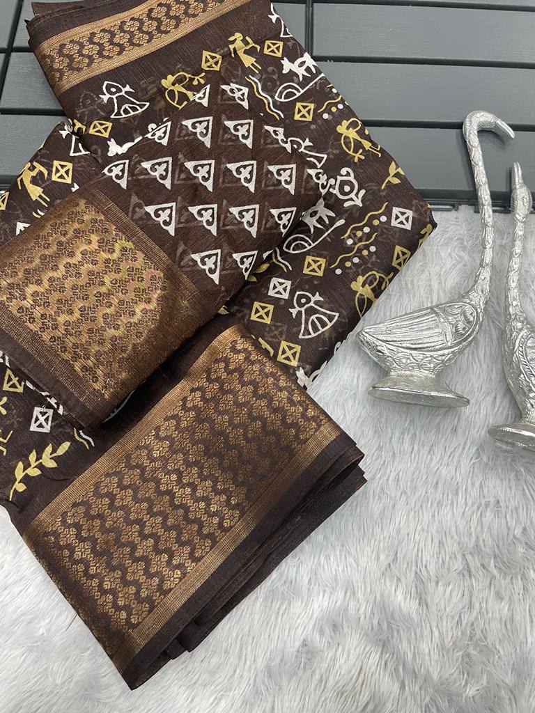 Brown colour padding crystal jacquard and zari jacquard border saree