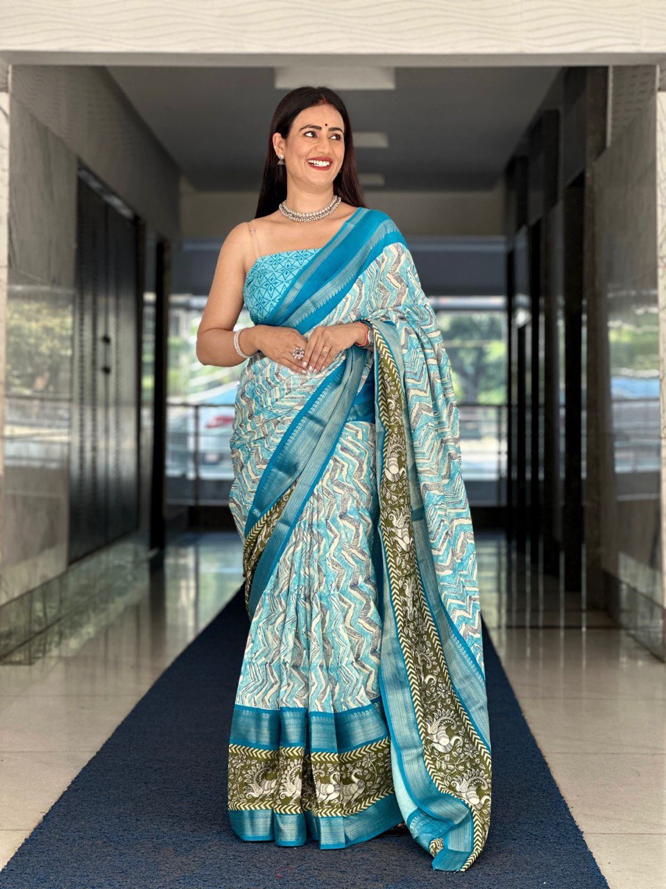 Sky blue colour viscous tusser silk saree