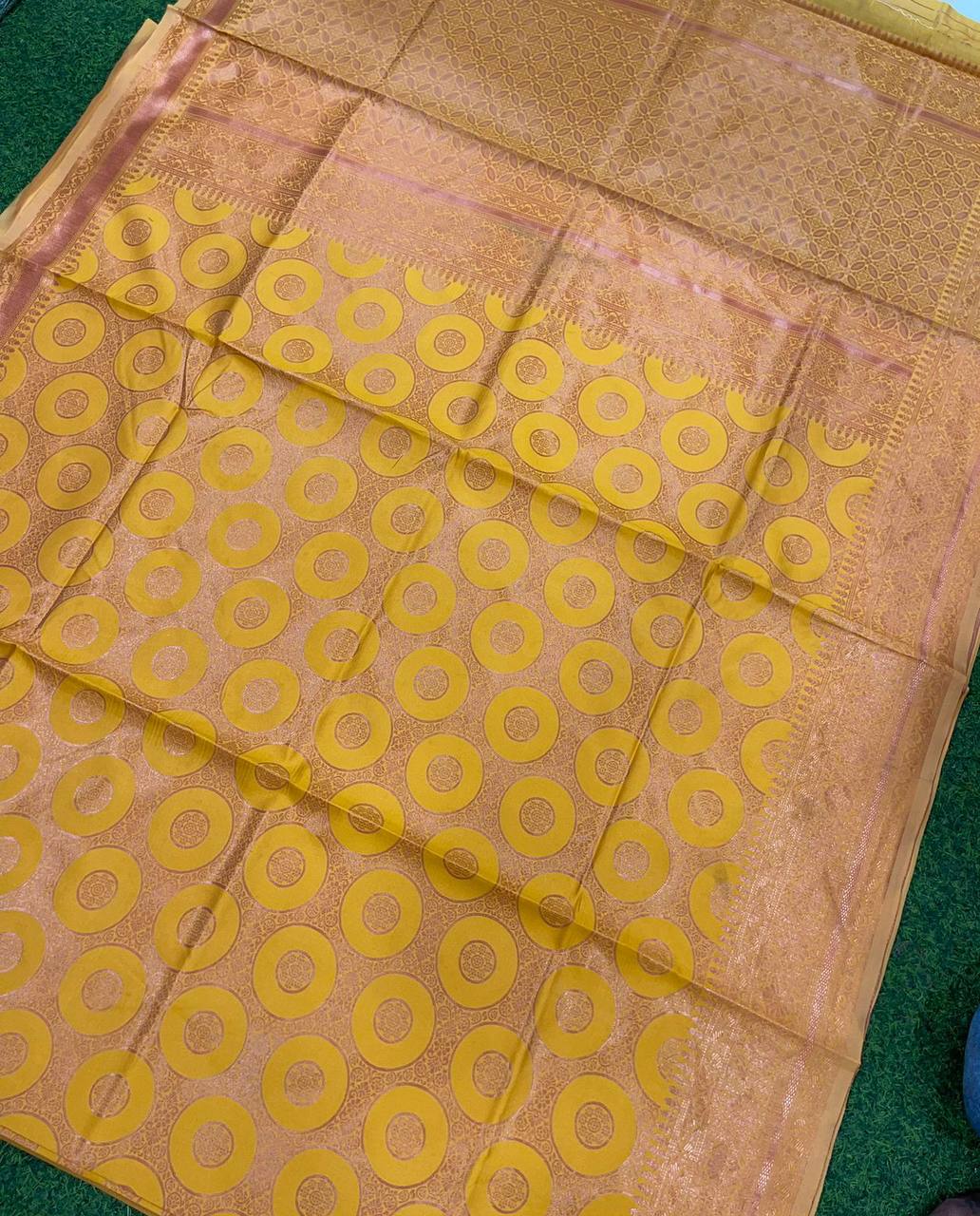 YELLOW COLOUR SOFT LICHI SILK CLOTH AND RICH PALLU & JACQUARD PATTERN WORK ON ALL OVER THE SAREE