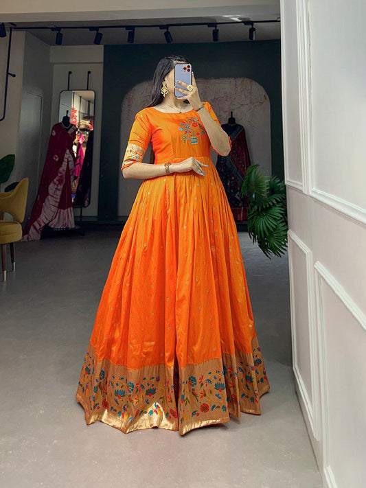 Elagance Orange Jacquard Silk Paithani Gown