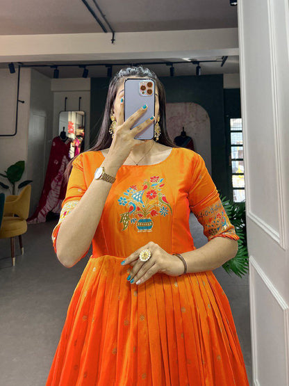 Elagance Orange Jacquard Silk Paithani Gown
