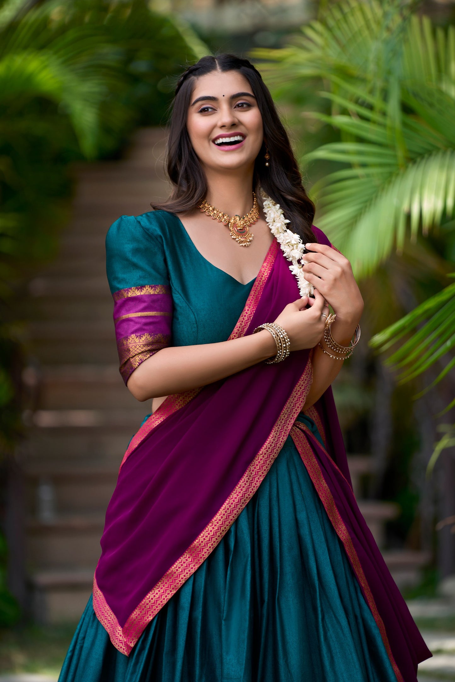 Teal Green Color Poly Cotton Zari Weaving Work Half Saree