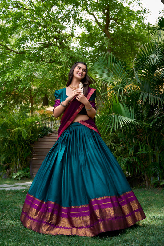 Teal Green Color Poly Cotton Zari Weaving Work Half Saree