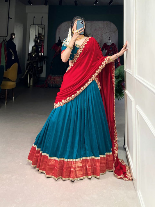 Teal Blue Vichitra Silk Zari Weaving Work Lace Border Belt With Sequins Lace Lehenga Choli