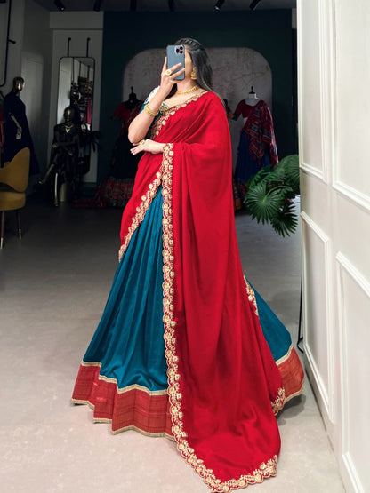 Teal Blue Vichitra Silk Zari Weaving Work Lace Border Belt With Sequins Lace Lehenga Choli