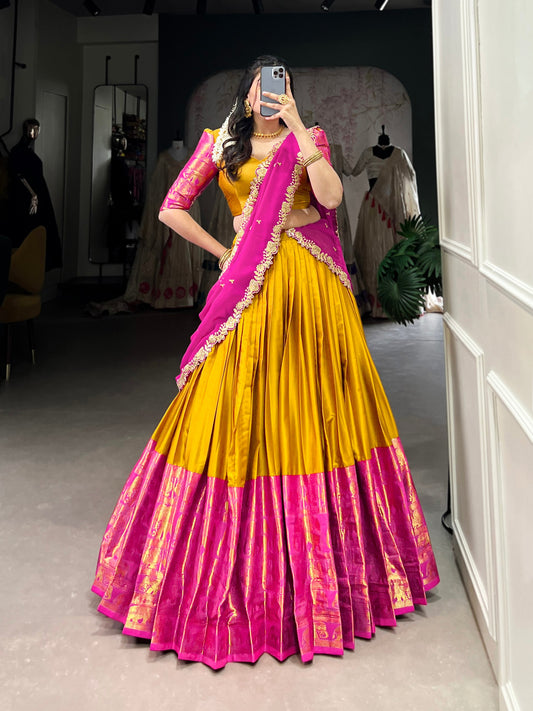Yellow colour Narayan Pattu and Zari Weaving Work lehenga and dupatta
