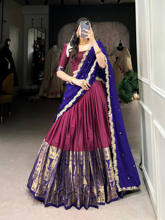 Purple colour Narayan Pattu and Zari Weaving Work lehenga and dupatta
