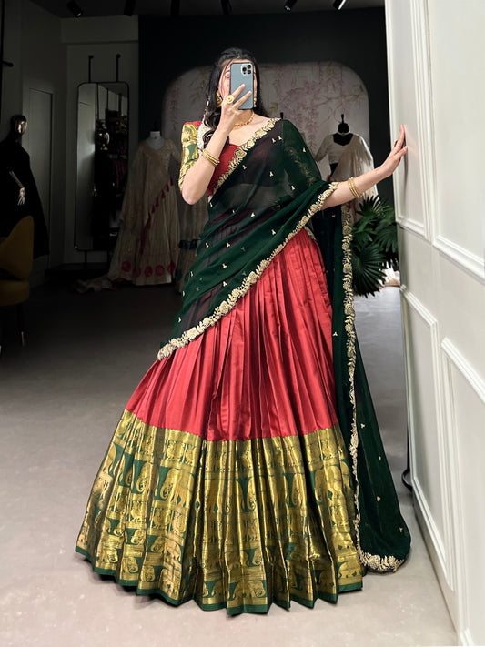 Red colour Narayan Pattu and Zari Weaving Work lehenga and dupatta