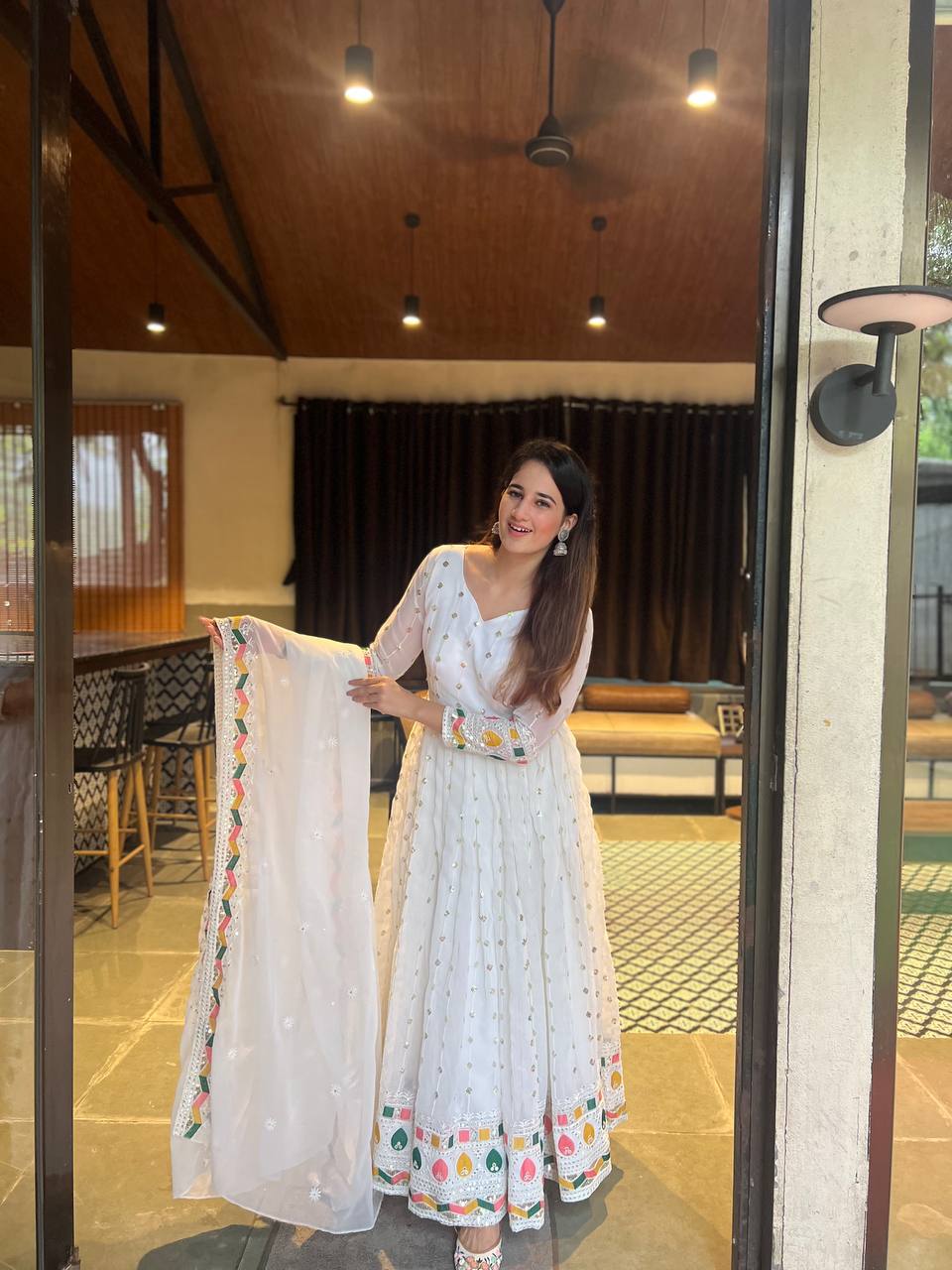 White Color Georgette Fabric With Embroidery Work