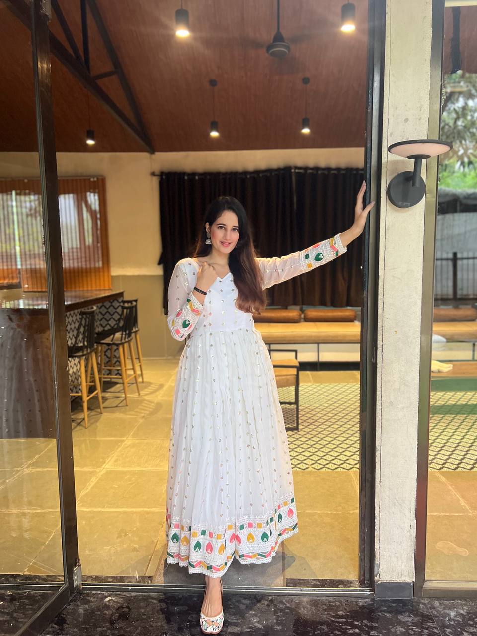 White Color Georgette Fabric With Embroidery Work