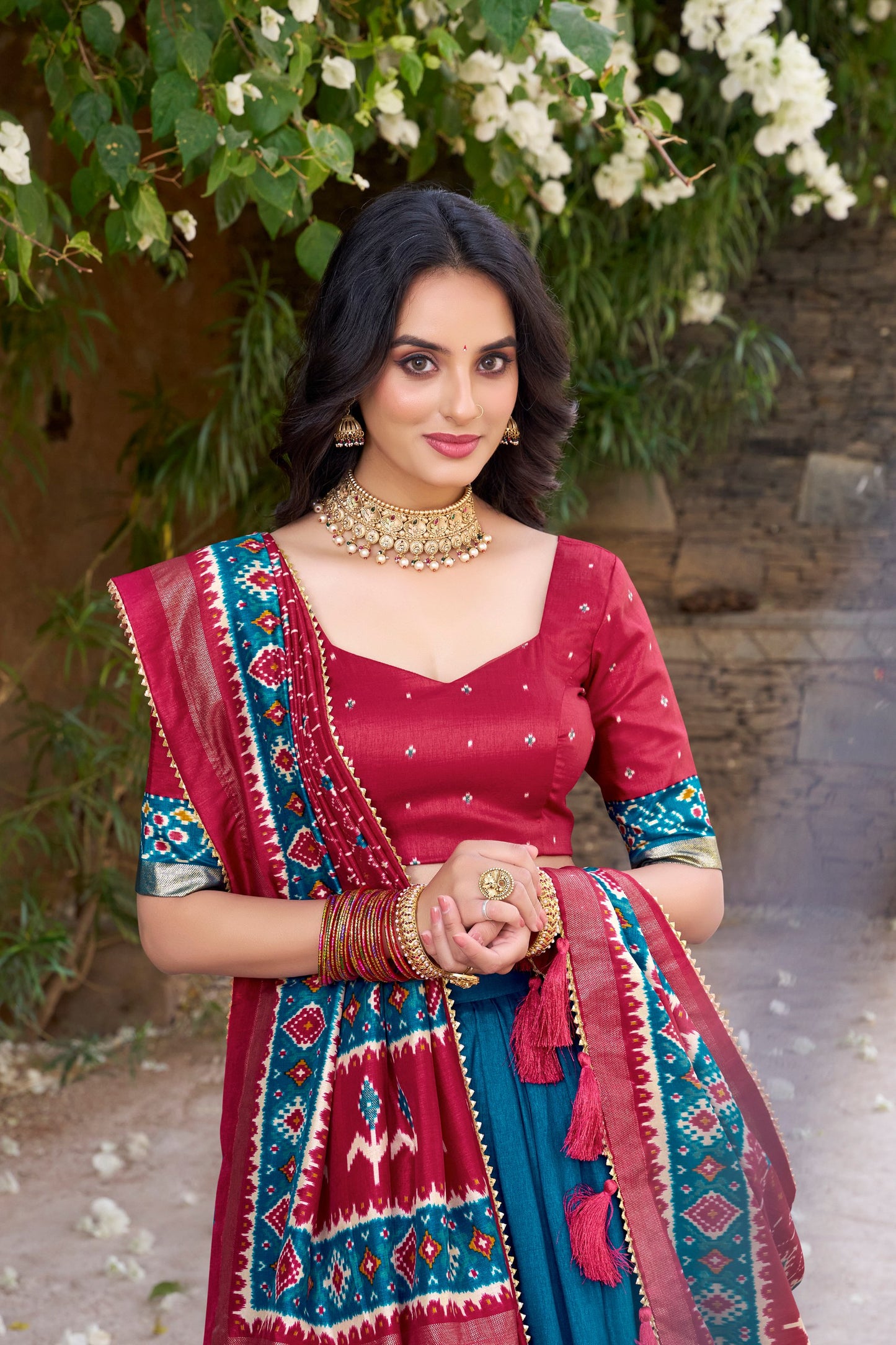 Blue colour Tussar Silk and  Patola Printed lehenga with dupatta