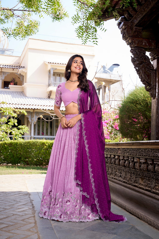 Purple colour Silver Glosy and Sequins and Thread Embroidery Work With Hotfix  lehenga with dupatta