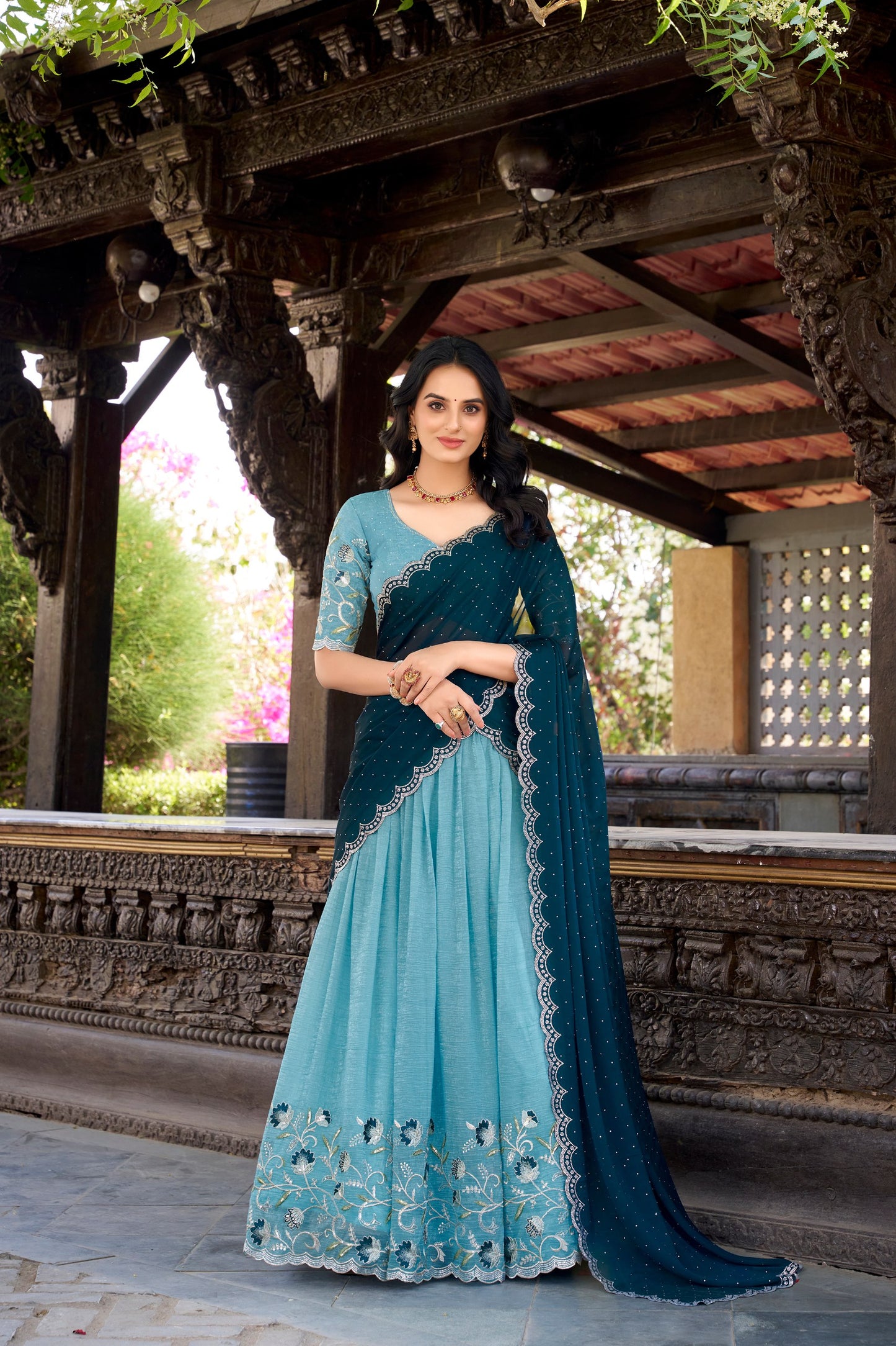 Blue colour Silver Glosy and Sequins and Thread Embroidery Work With Hotfix  lehenga with dupatta