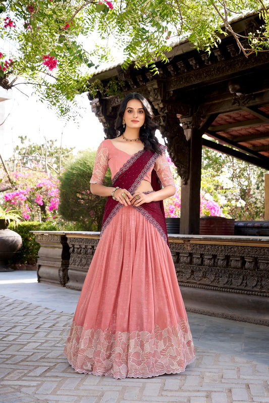 Glossy Orange Textile with Detailed Hotfix and Embroidery Work