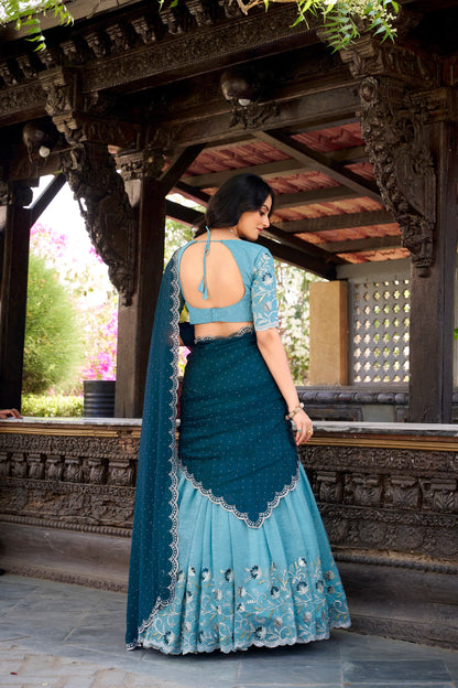 Blue colour Silver Glosy and Sequins and Thread Embroidery Work With Hotfix  lehenga with dupatta