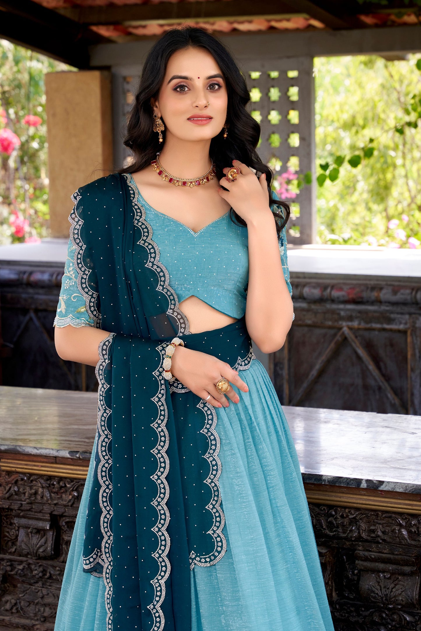 Blue colour Silver Glosy and Sequins and Thread Embroidery Work With Hotfix  lehenga with dupatta