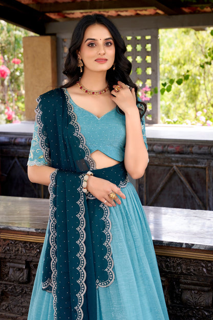 Blue colour Silver Glosy and Sequins and Thread Embroidery Work With Hotfix  lehenga with dupatta
