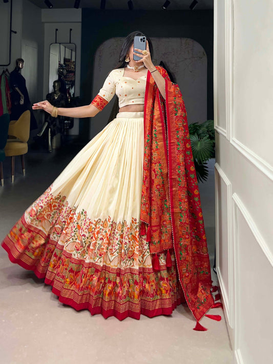 White colour Tussar Silk and Printed With Foil Work lehenga with dupatta
