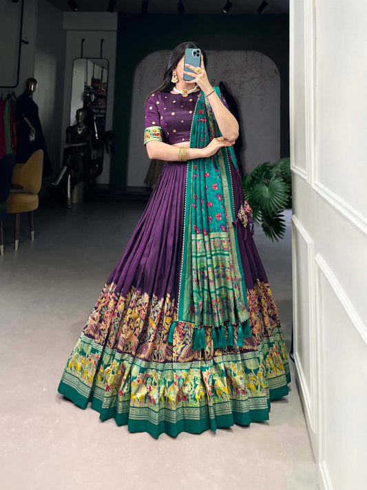 Purple colour Tussar Silk and Printed With Foil Work lehenga with dupatta