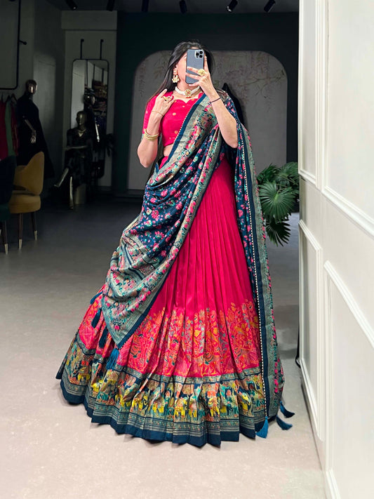 Red colour Tussar Silk and Printed With Foil Work lehenga with dupatta