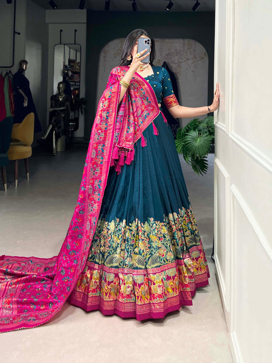 Blue colour Tussar Silk and Printed With Foil Work lehenga with dupatta