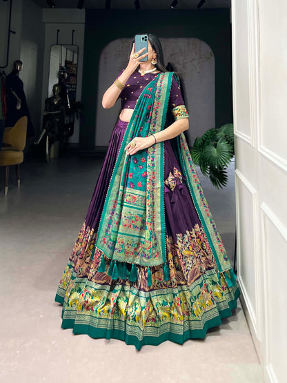 Purple colour Tussar Silk and Printed With Foil Work lehenga with dupatta