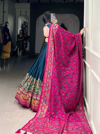 Blue colour Tussar Silk and Printed With Foil Work lehenga with dupatta
