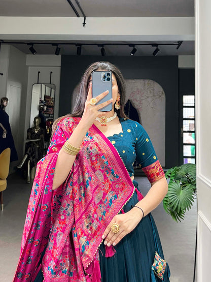 Blue colour Tussar Silk and Printed With Foil Work lehenga with dupatta