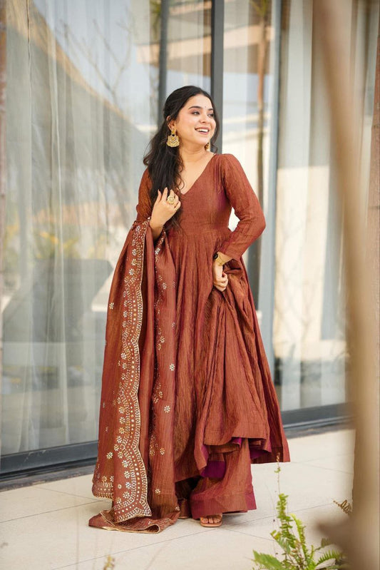 PREMIUM BROWN SHARARA - DUPPATA PURE CHINON
