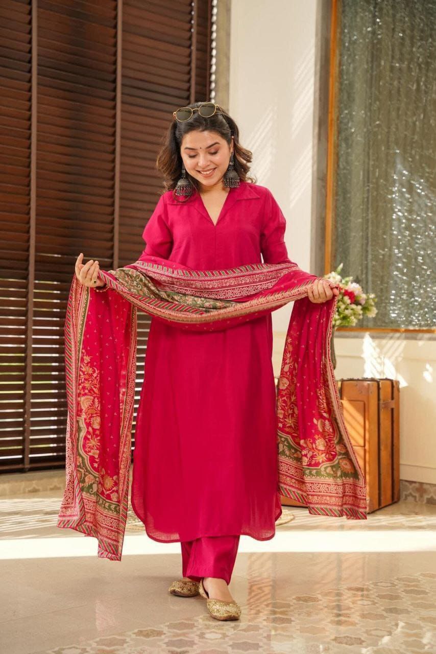 ROYAL DARK PINK KURTI SET - CHANDERI SILK DUPPATA