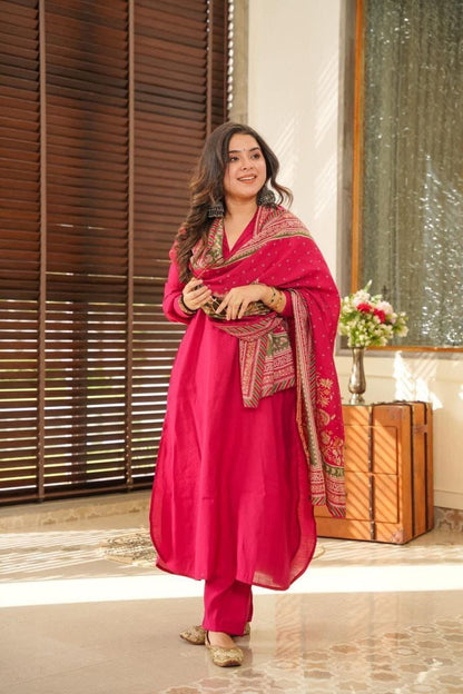 ROYAL DARK PINK KURTI SET - CHANDERI SILK DUPPATA