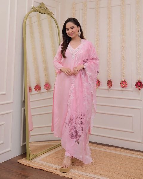 Pink Chanderi Viscose Embroidered Sequence Straight Kurta With Chanderi Viscose Pant And Taby Dupatta Set