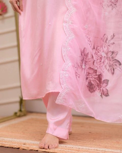 Pink Chanderi Viscose Embroidered Sequence Straight Kurta With Chanderi Viscose Pant And Taby Dupatta Set