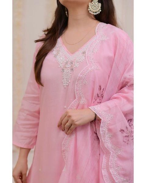Pink Chanderi Viscose Embroidered Sequence Straight Kurta With Chanderi Viscose Pant And Taby Dupatta Set