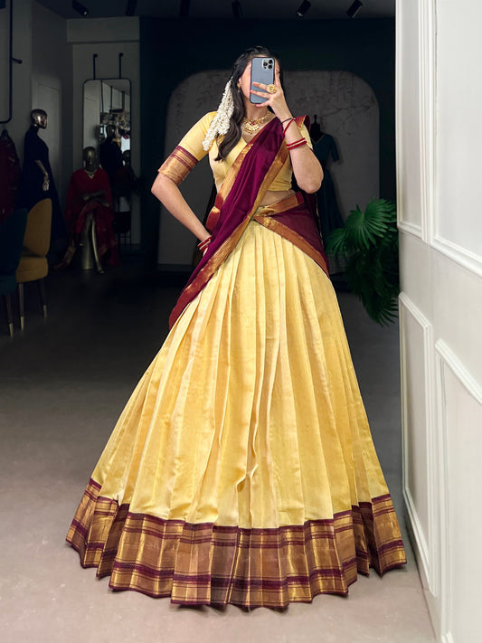 Brown Color Kanchipuram Silk Zari Weaving Half Saree Lehenga Choli
