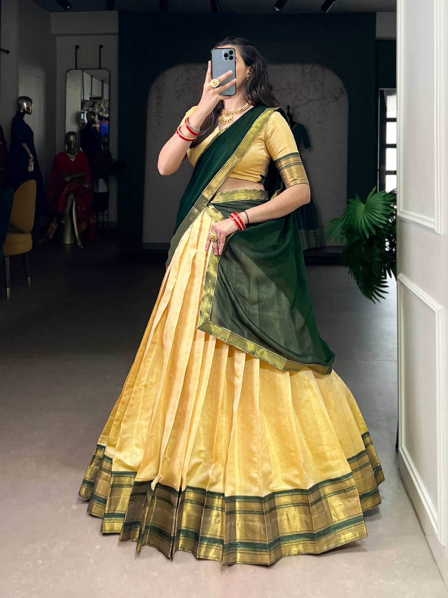 Green Color Kanchipuram Silk Zari Weaving Half Saree Lehenga Choli
