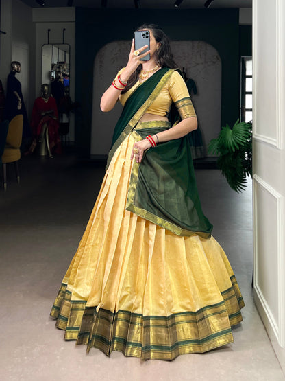 Green Color Kanchipuram Silk Zari Weaving Half Saree Lehenga Choli