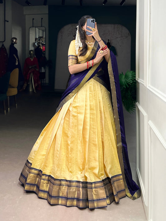 Navy Blue  Color Kanchipuram Silk Zari Weaving Half Saree Lehenga Choli