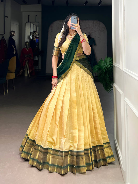 Green Color Kanchipuram Silk Zari Weaving Half Saree Lehenga Choli