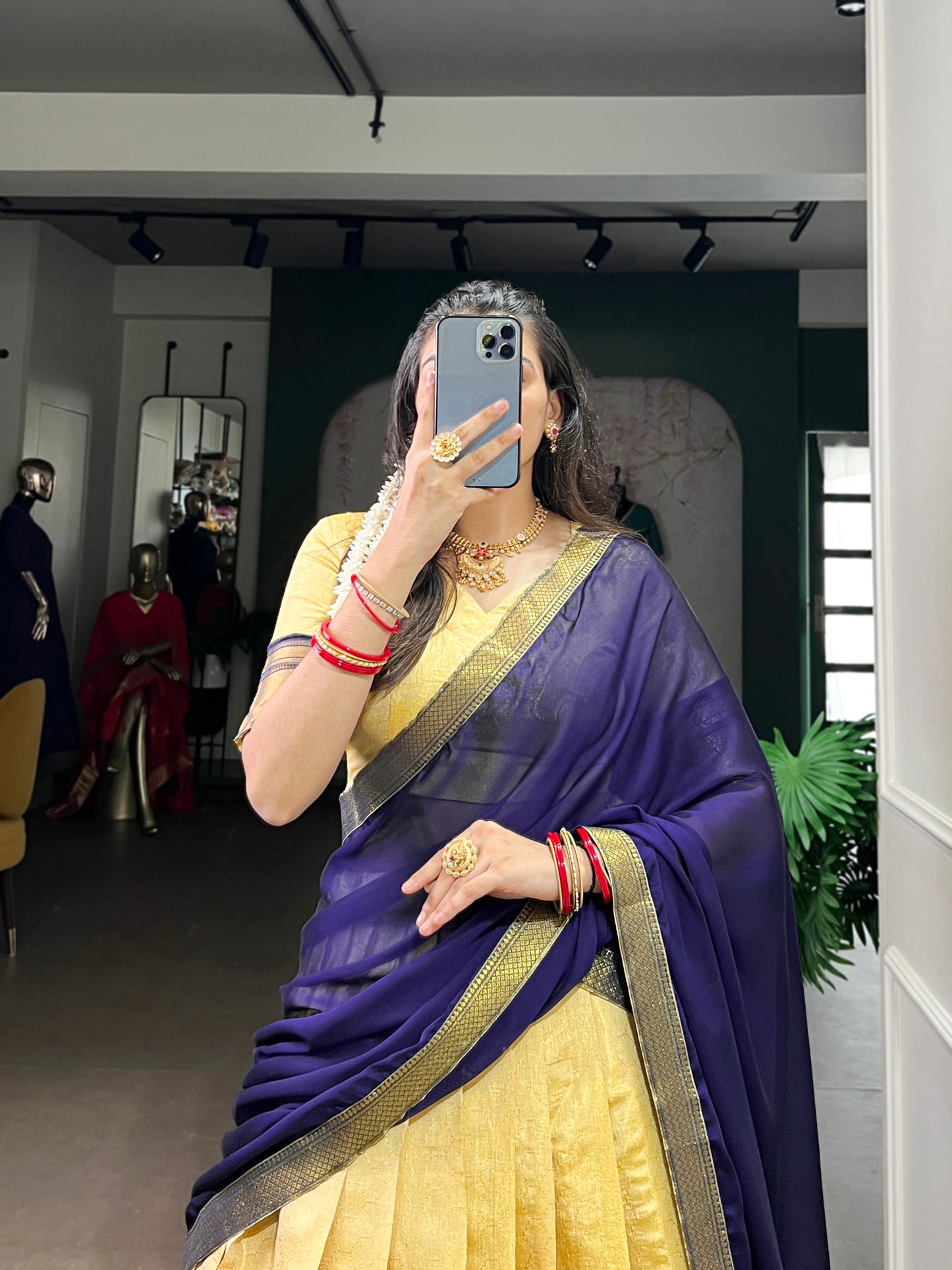 Navy Blue  Color Kanchipuram Silk Zari Weaving Half Saree Lehenga Choli