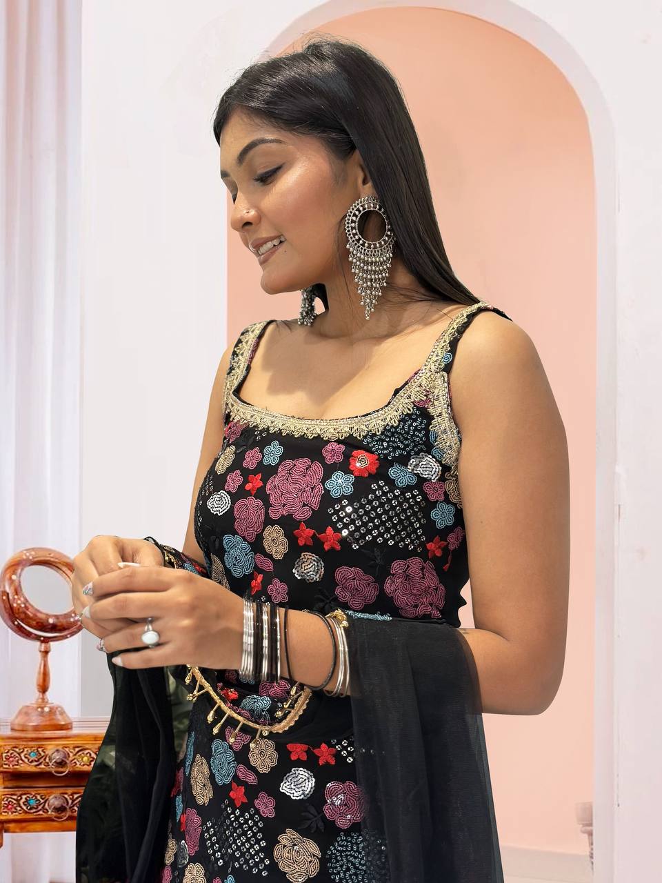 ROYAL BLACK 3 PIECE FANCY KURTI WITH BEAUTIFUL SHARARA AND DUPATTA