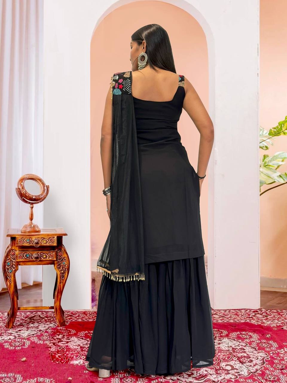 ROYAL BLACK 3 PIECE FANCY KURTI WITH BEAUTIFUL SHARARA AND DUPATTA