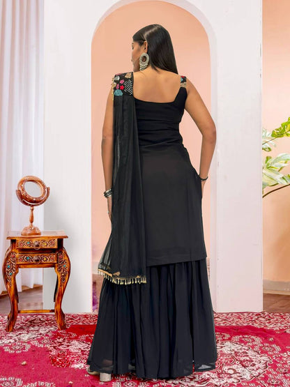 ROYAL BLACK 3 PIECE FANCY KURTI WITH BEAUTIFUL SHARARA AND DUPATTA