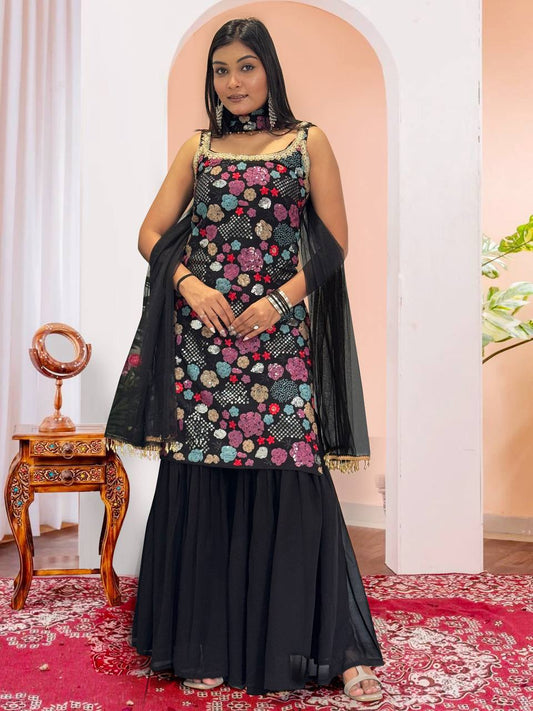 ROYAL BLACK 3 PIECE FANCY KURTI WITH BEAUTIFUL SHARARA AND DUPATTA