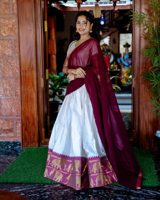 white color Poly Cotton and Chex With Zari Weaving Work lehenga with dupatta