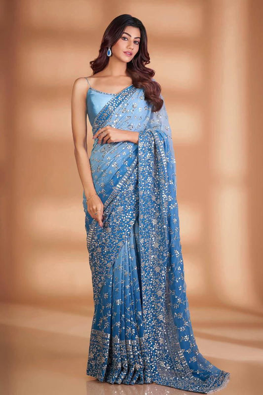 Classic Blue Faux Georgette Saree – Embroidered Elegance