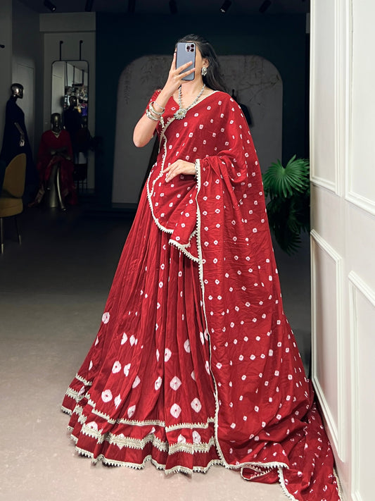 Red Elegant Pure Chanderi Bandhej Print Lehenga Set with Blouse & Dupatta