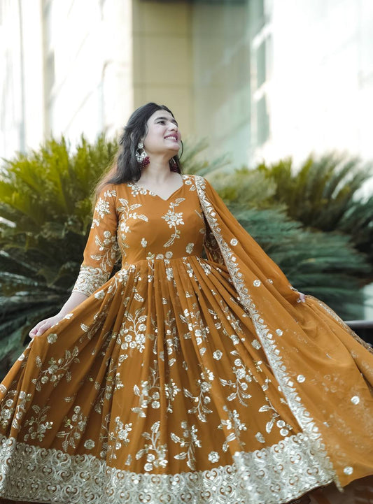 Yellow Color Georgette Fabric With Embroidery Work Suit Set