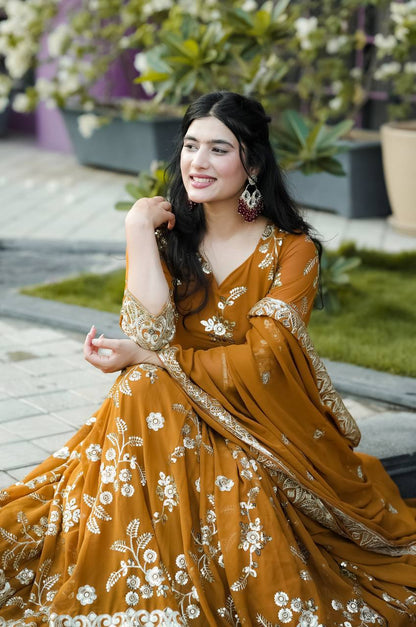 Yellow Color Georgette Fabric With Embroidery Work Suit Set