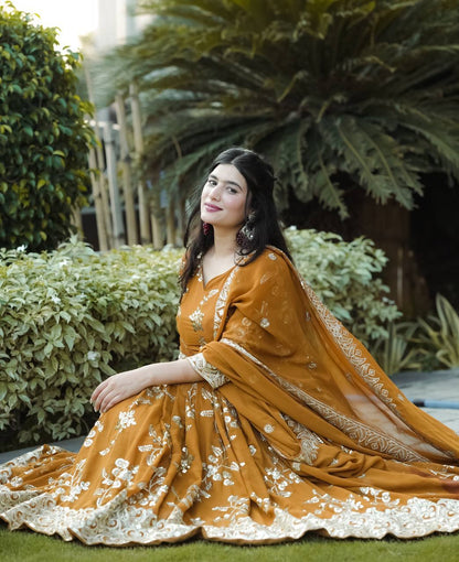 Yellow Color Georgette Fabric With Embroidery Work Suit Set